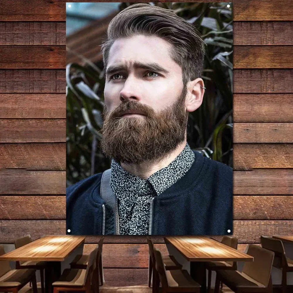 Hairstyling Poster for Barber Shop Wall Art Decor Tapestry Thick beard side swept tapered Haircut Flag Digital Printing Banner 1