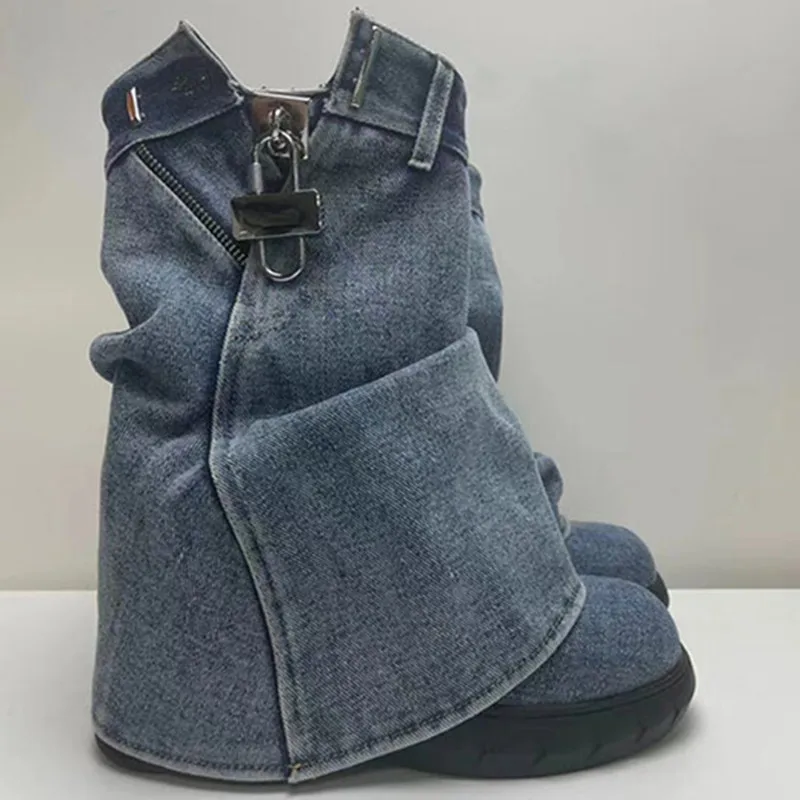 Super High Heel Ankle Boots For Women Denim Metal Decoration Thick Bottom Side Zipper Female Shoes Fashion Runway Outdoor Shoes