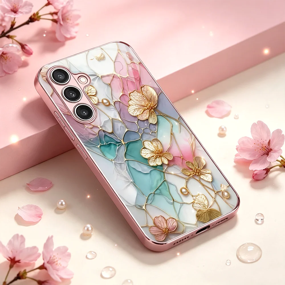 Golden Flower Colorful Phone case s26 ultra Glass phone case for Samsung Galaxy S26/S25/S24/S23/S22/S21 FE Ultra Plus Shockproof