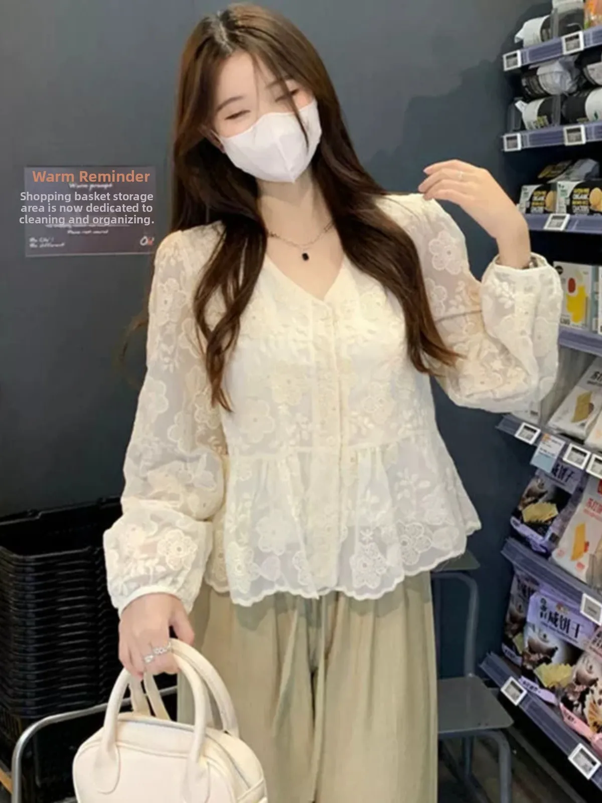 Ele V-Ne Long Sve irt Bellissimo top ingombrante in vita da donna Design all'inizio della primavera Camicetta delicata e di fascia alta