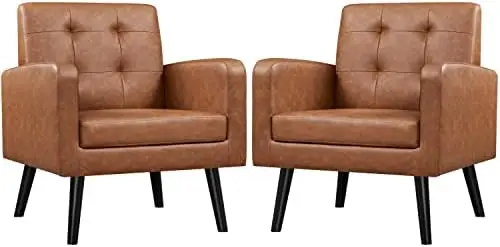 

Mid-Century Accent Chairs, PU Leather Button Tufted Armchair with Wood Legs, Retro Brown 2 PCS