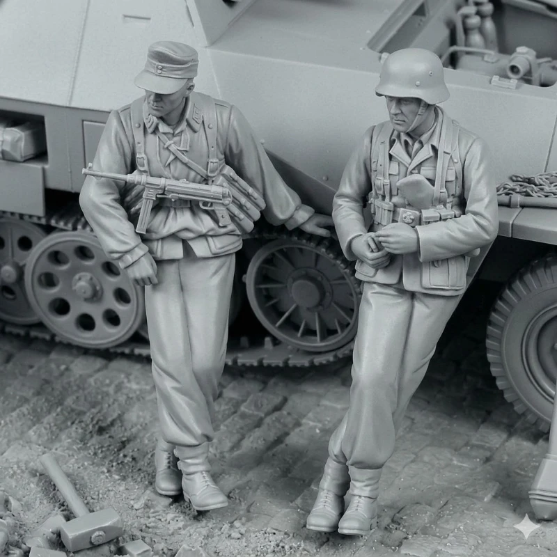 

Масштабная модель 1/35 из литой смолы: Немецкая пехота у дороги, 2 фигурки, в разобранном виде, без покраски, без танка.