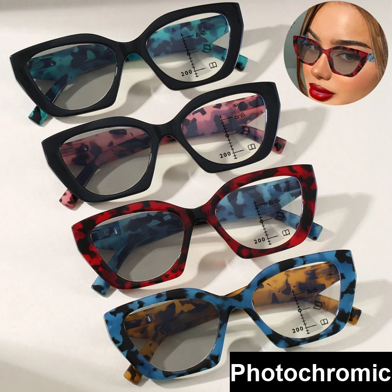 

Finished Ladies Photochromic Multifocal Reading Glasses Fashion Trend Near Far Bifocal Retro Anti Blue Light Presbyopia Eyewear