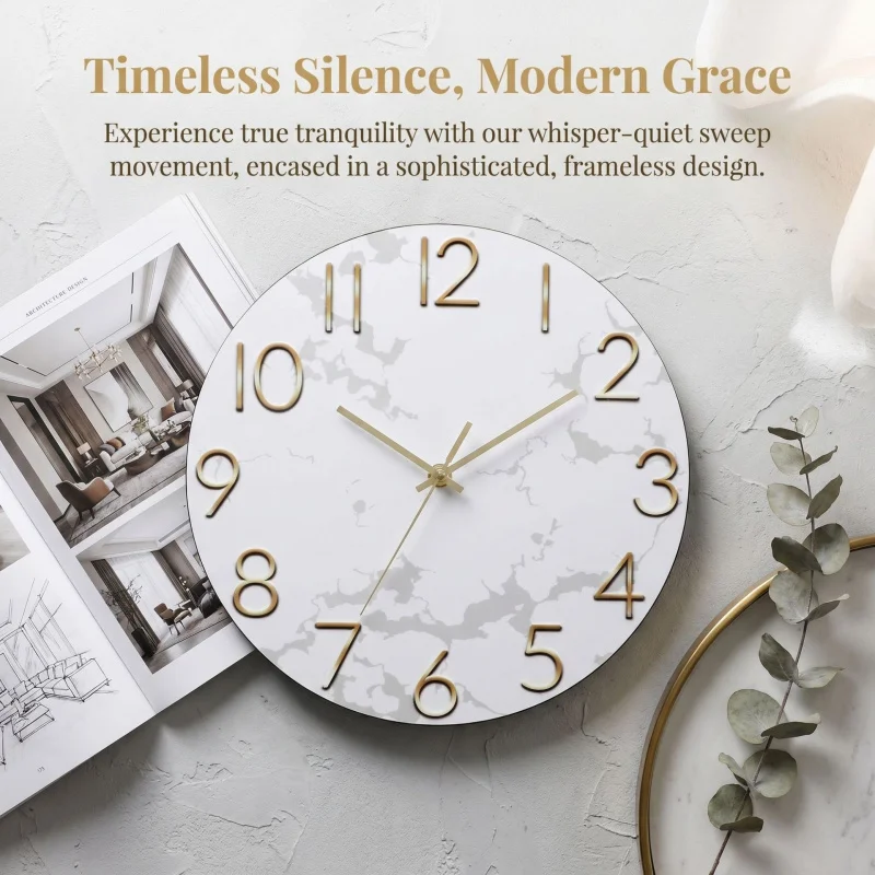 Nordic Light Luxury Marble Pattern Wall Clock MDF with Gold Letters Silent Modern Minimalist Decorative Clock Living Room