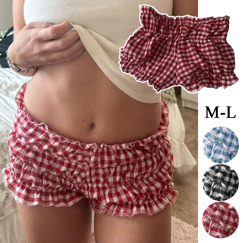 Women Summer Low-Rise Sexy Red And White Checkered Shorts Y2k Elastic Waist Ruffled Edge Cake Shorts Bottom Sweet Girl Lolita