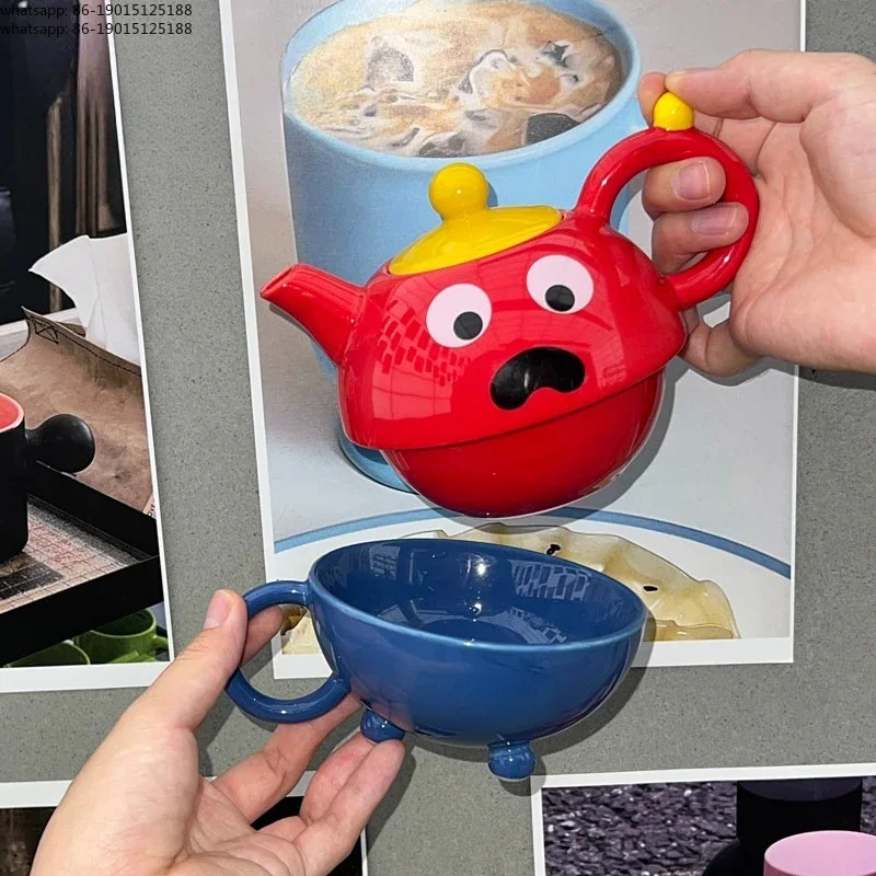 

Набор из чайника и чашки с милыми большими глазками, сюрпризный чайный сервиз для одного человека.