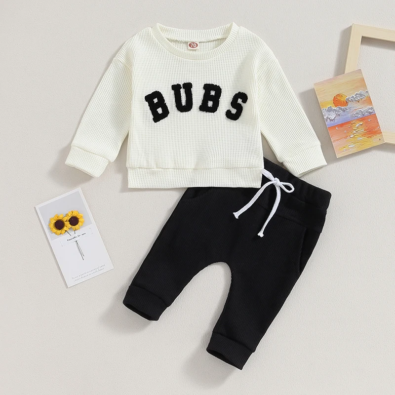 2023-07-17 Lioraitiin 0-3T Toddler Boys 2PCS Pants Sets Long Sleeve Letter Embroidery Tops and Drawstring Pants Sets