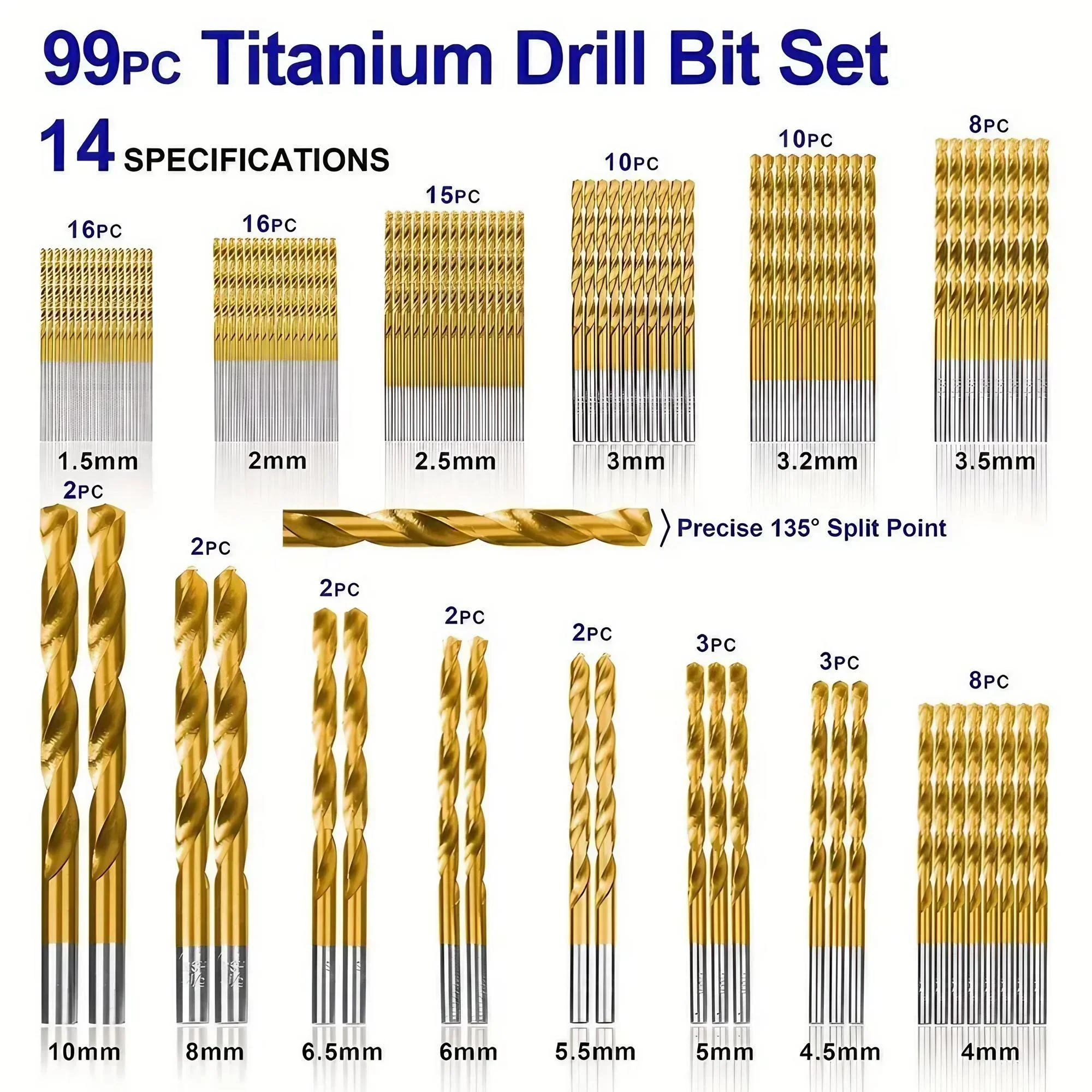 99Pcs Titanium Drill Bit Set High Speed Steel Drill Bits for Steel Plate Wood Plastic Metal Copper Alloy Woodworking Hole Opener with Portable Case Ultra Sharp Cutting Bits for Professional DIY Home Workshop