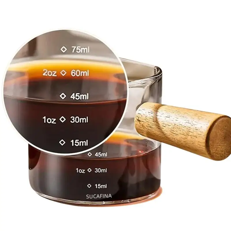 Glass Measuring Cup With Wood Handle Glass Espresso Measuring Cup Double Single Mouth Milk Coffee Clear Mug Coffee Supplies