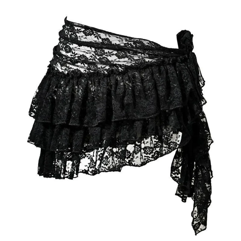 

Embroidered Flower Lace Mini Skirt Irregular Y2K Streetwear Ruched Skirts High Waist Lace-up Design Pleated Skirts