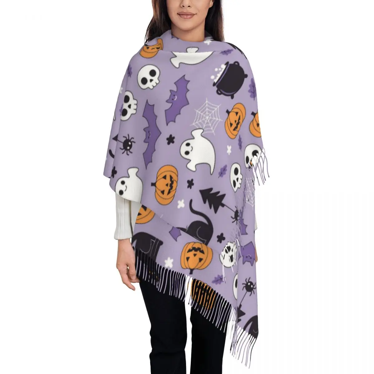 Halloween Scarf for Women Winter Fall Cashmere Shawls and Wrap Cartoon Cats Ghosts Single-sided Pattern Shawl Scarf Daily Wear
