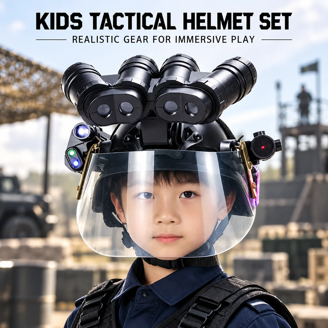 Kids Tactical Helmet Set with Visor and Quad-Tube Display Prop Modular Lights for Cosplay Role Play Outdoor Games and Photos