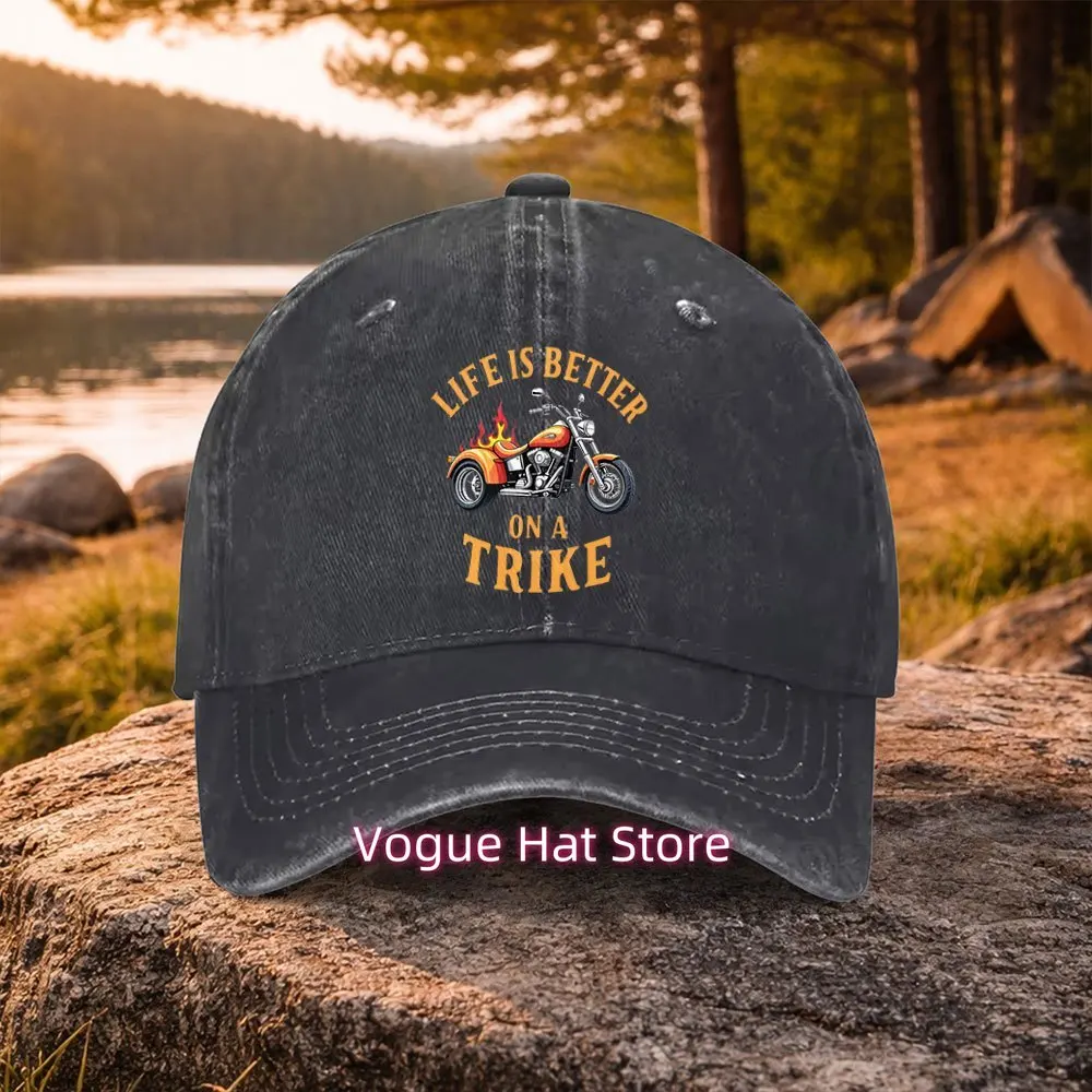 1pc Motorcycle Flame Tricycle Print Washed Duckbill Cap - Adjustable Unisex Baseball Hat Suitable for Golf, Casual Wear, Outdoor