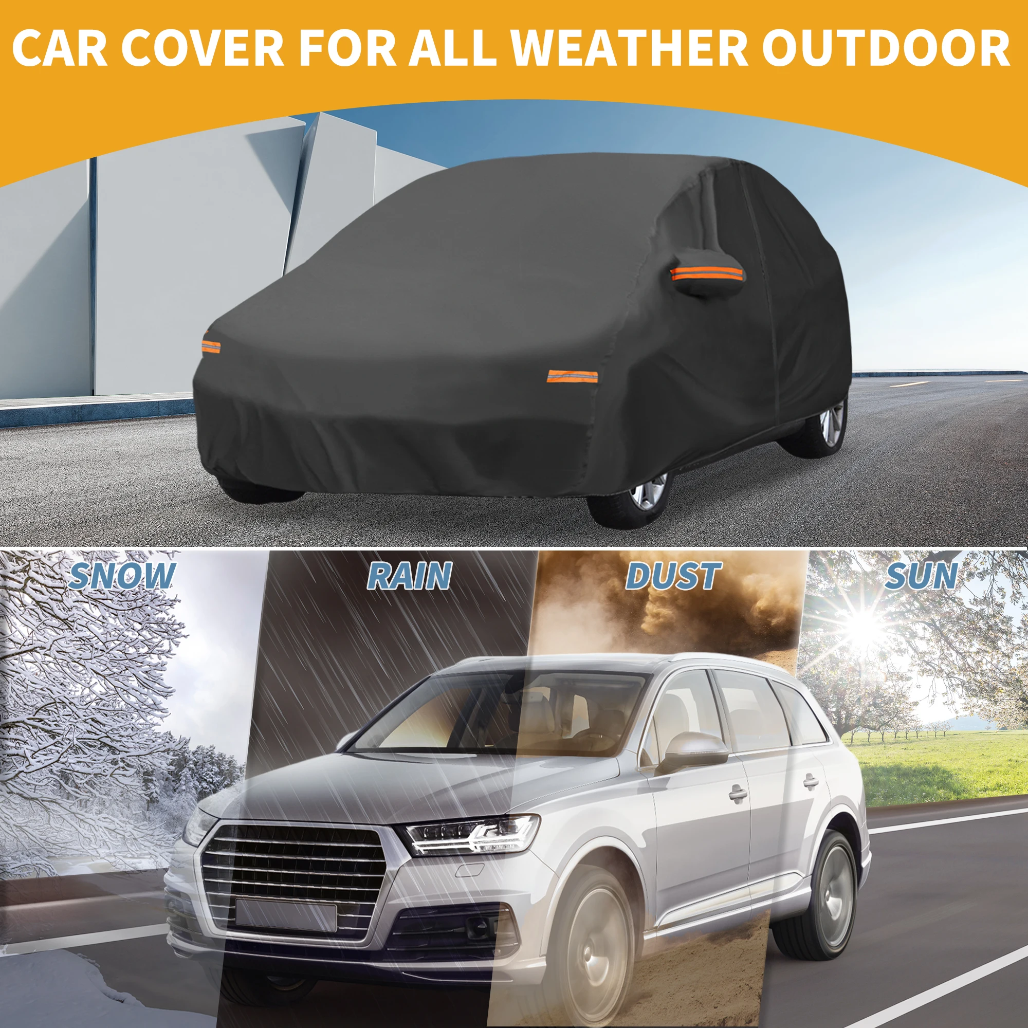 X Autohaux Car Cover Waterproof All Weather Protection Full Cover for Kia Rio Sedan 190T-PU Black with Reflective Strips