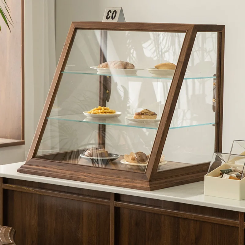 Retro solid wood glass display cabinet coffee shop cake bread baking  beveled  display storage cabinet