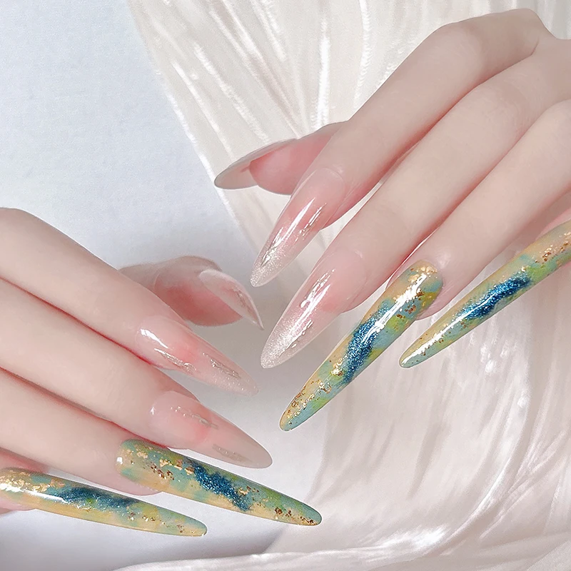 14개(긴 것 4개+짧은 것 10개) 수제 잉크-워시 리티니 네일 세트 행사용 반짝이는 예술적 디자인(인기 있는 키트보다 우수함)