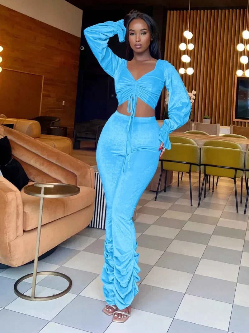 

GUWU Fashion Warm Velvet Women's Set Long Sleeve Tie Up Crop Top and Wide Leg Pants Two 2 Piece Sets Outfits Tracksuit