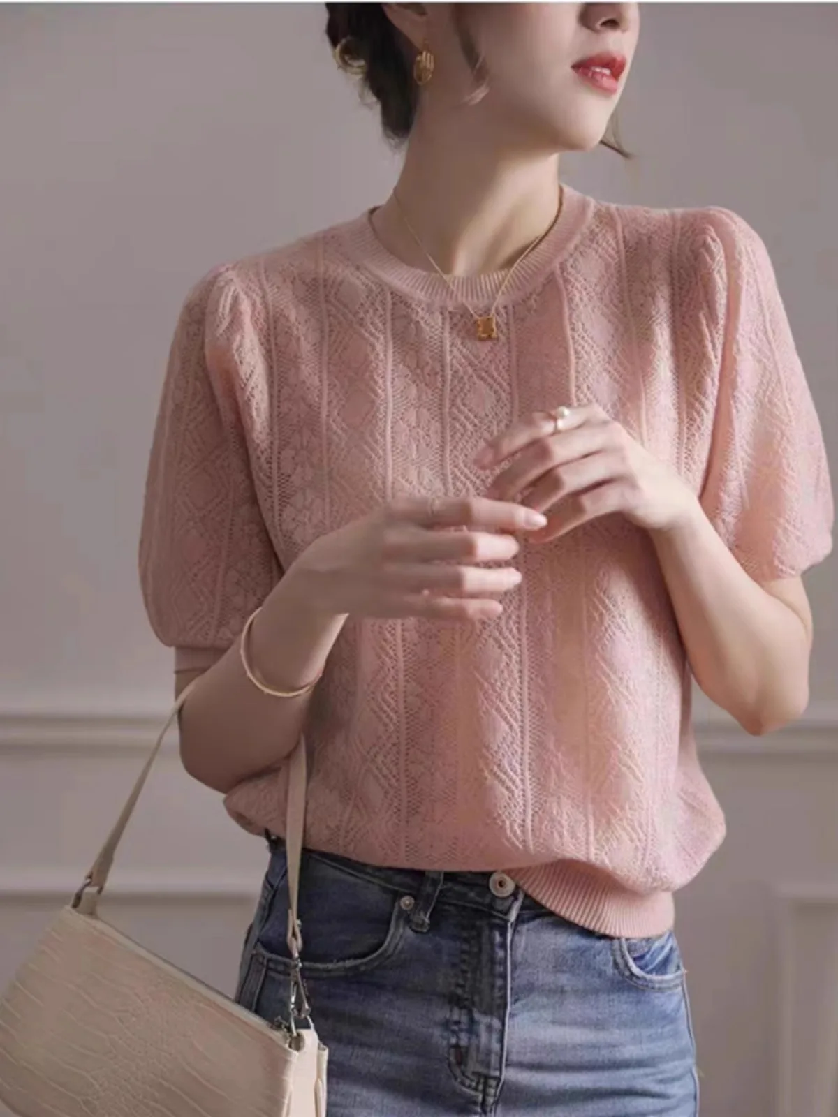 European goods new hollow thin short-sleeved knitwear women\'s summer loose temperament round neck half-sleeved T-shirt