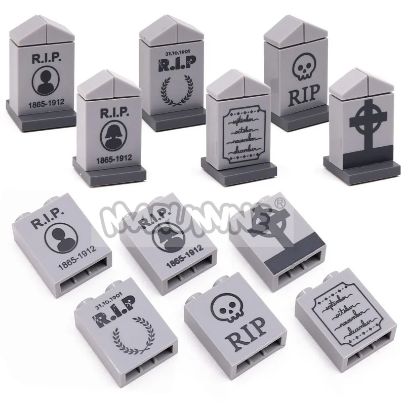 Marumine MOC Halloween-Bausteine, DIY-Druck, Grabstein, Friedhof, Ziegel, Modellbausatz, Zubehörteile, kompatibel mit 3245