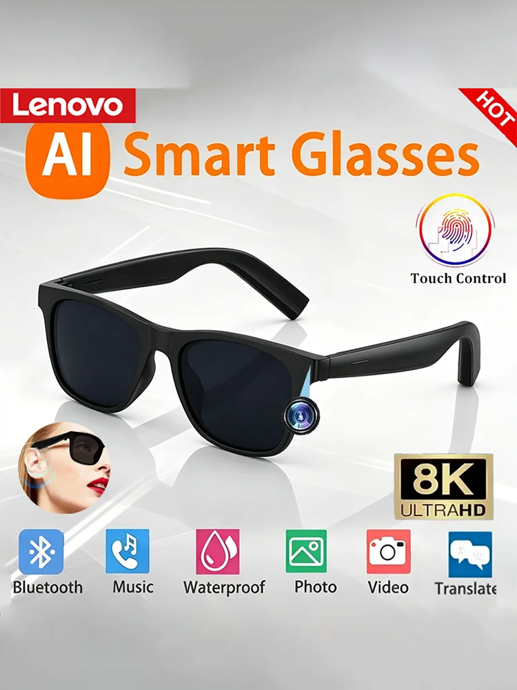 Okulary przeciwsłoneczne Lenovo AI z pilotem zdalnego sterowania, dotykowym sterowaniem, inteligentnymi funkcjami, kamerą 8K HD, nagrywaniem, tłumaczem, asystentem głosowym, muzyką i Bluetooth. — zdjęcie produktu 7