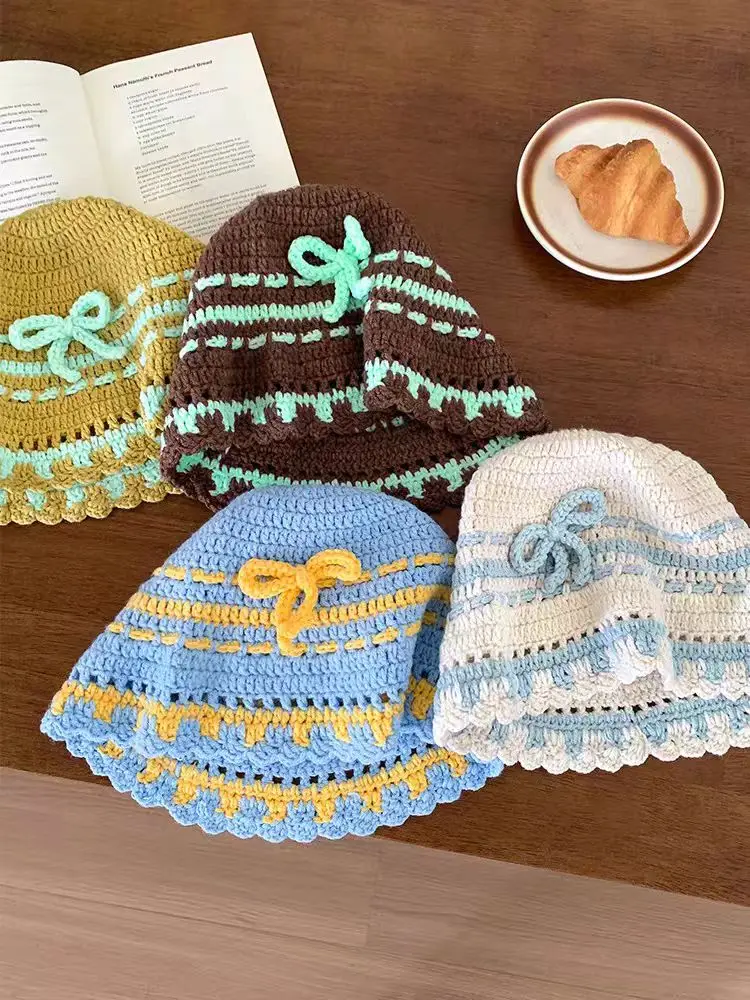 

Knitted Bow Bucket Hats For Women Handmade Crochet Striped Basin Hat Ladies Skullies Cap Spring Summer Sunscreen Caps Gorros