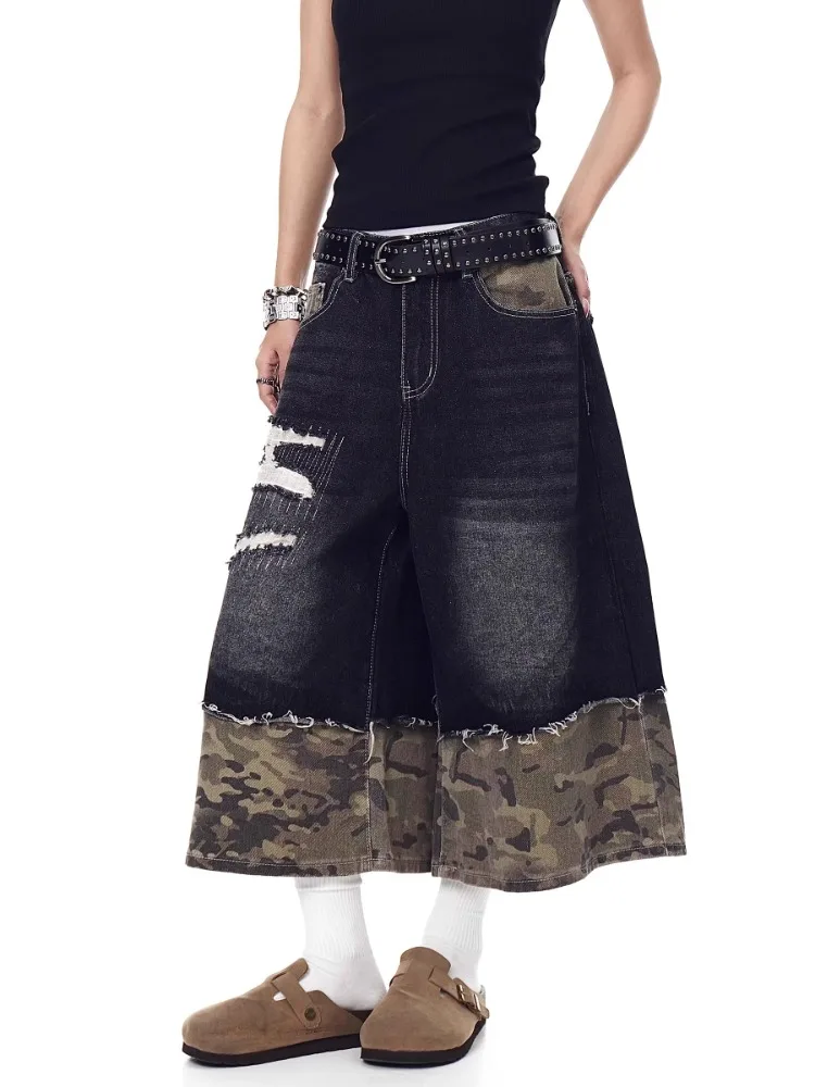 

Camouflage Splicing Design Vintage Baggy Shorts Women Streetwear High Waist Denim Pants Summer Wide Leg Calf-length Pants