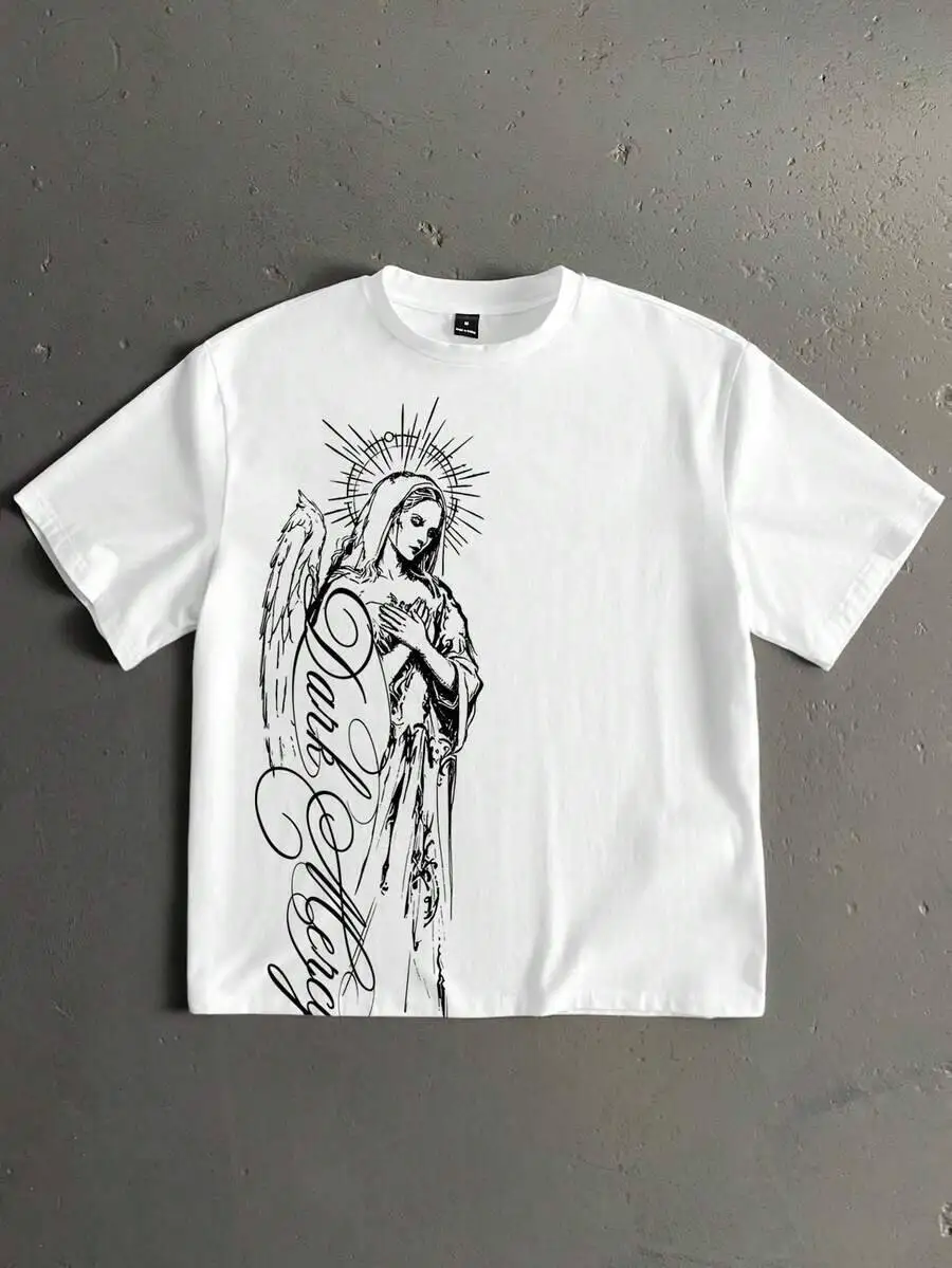 Stonegrade Compassionate Hands Crossed Virgin Mary Cursive English Letter Fashion Print Men's Standard Size Drop Shoulder Loose 100% Cotton Trendy Y2K Short-Sleeve Tee-Soft, Quick-Drying, Moisture-Wicking; Great Gift for Christmas or Halloween