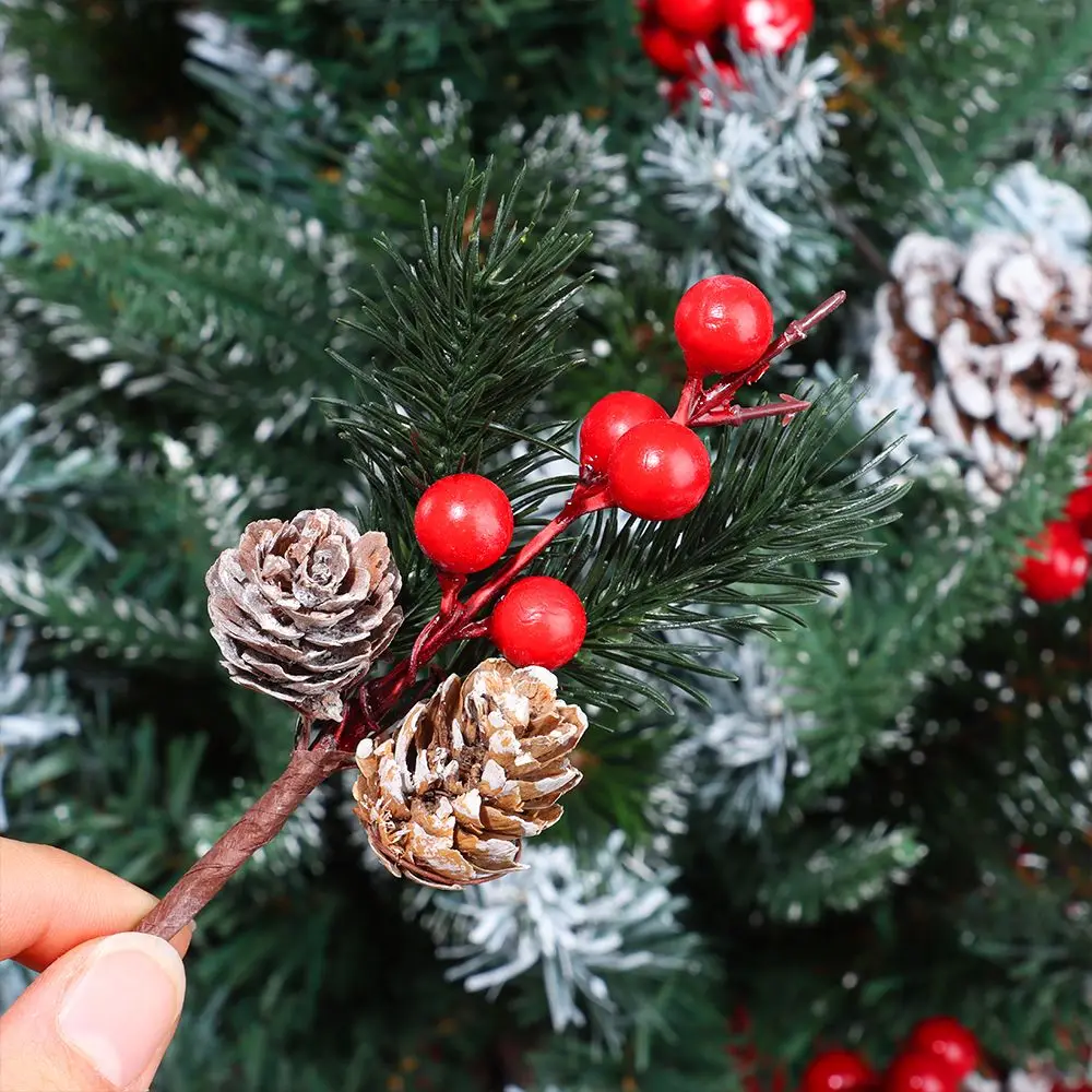 5Pcs Fake Snow Frost Pine Branch Cone Artificial Tree Branches Pine Cone Stems Berry Xmas Tree Christmas Ornament