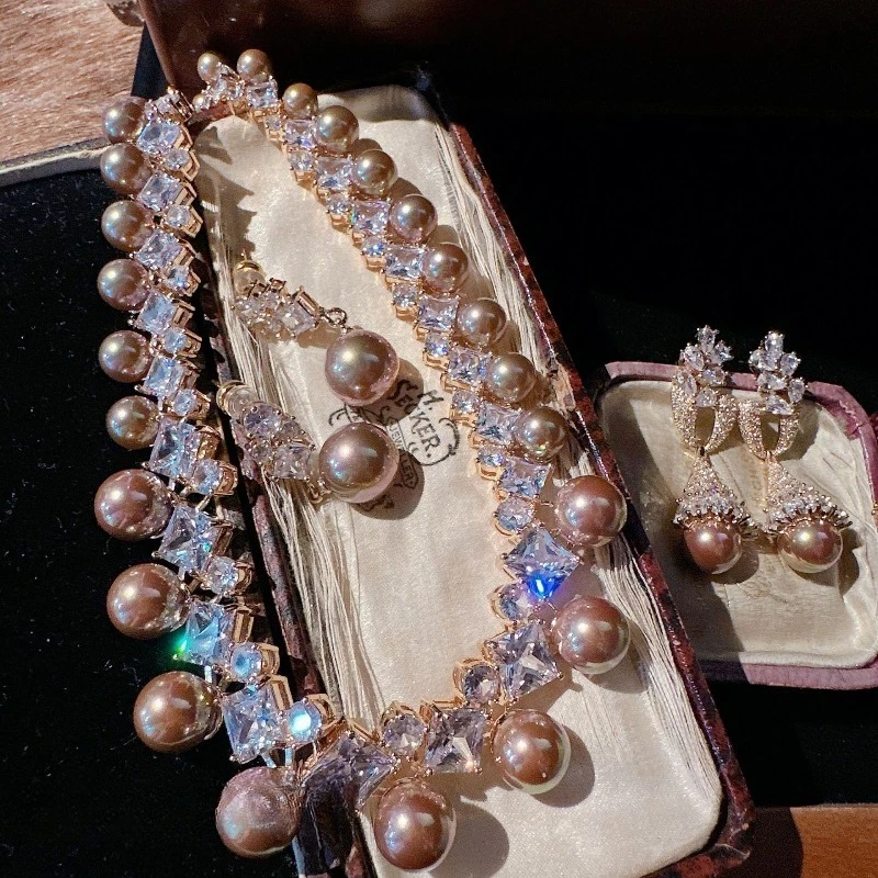 

Luxury Pearl Jewelry Set for Women Champagne Pearl Necklace Earrings Set Elegant Crystal Wedding Party Jewelry Accessories Gift