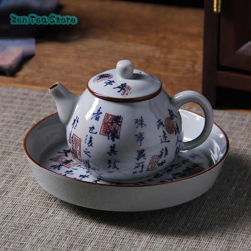 Lanting Sequence Teapot Imitation Ancient Blue And White Old Pottery Mud Glaze Poetry Teapot Ceramic Single Pot Household Teapot