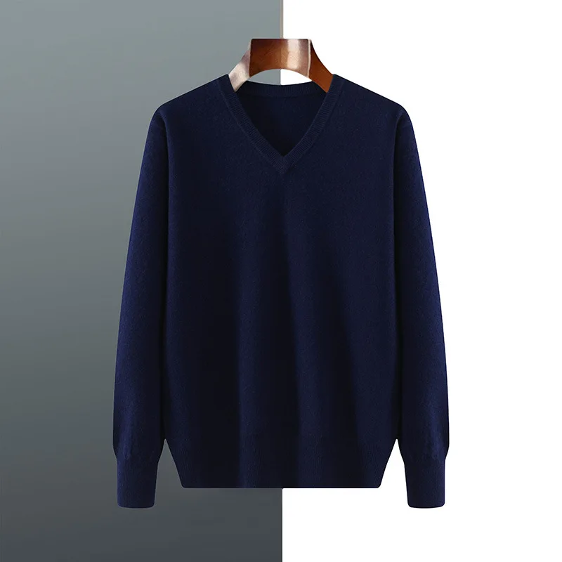 Men Cashmere Pullover V-Neck Sweater Autumn Winter Warm Solid Color Knitted Sweater Business Casual Long Sleeve Tops Pull Hommes - view 4