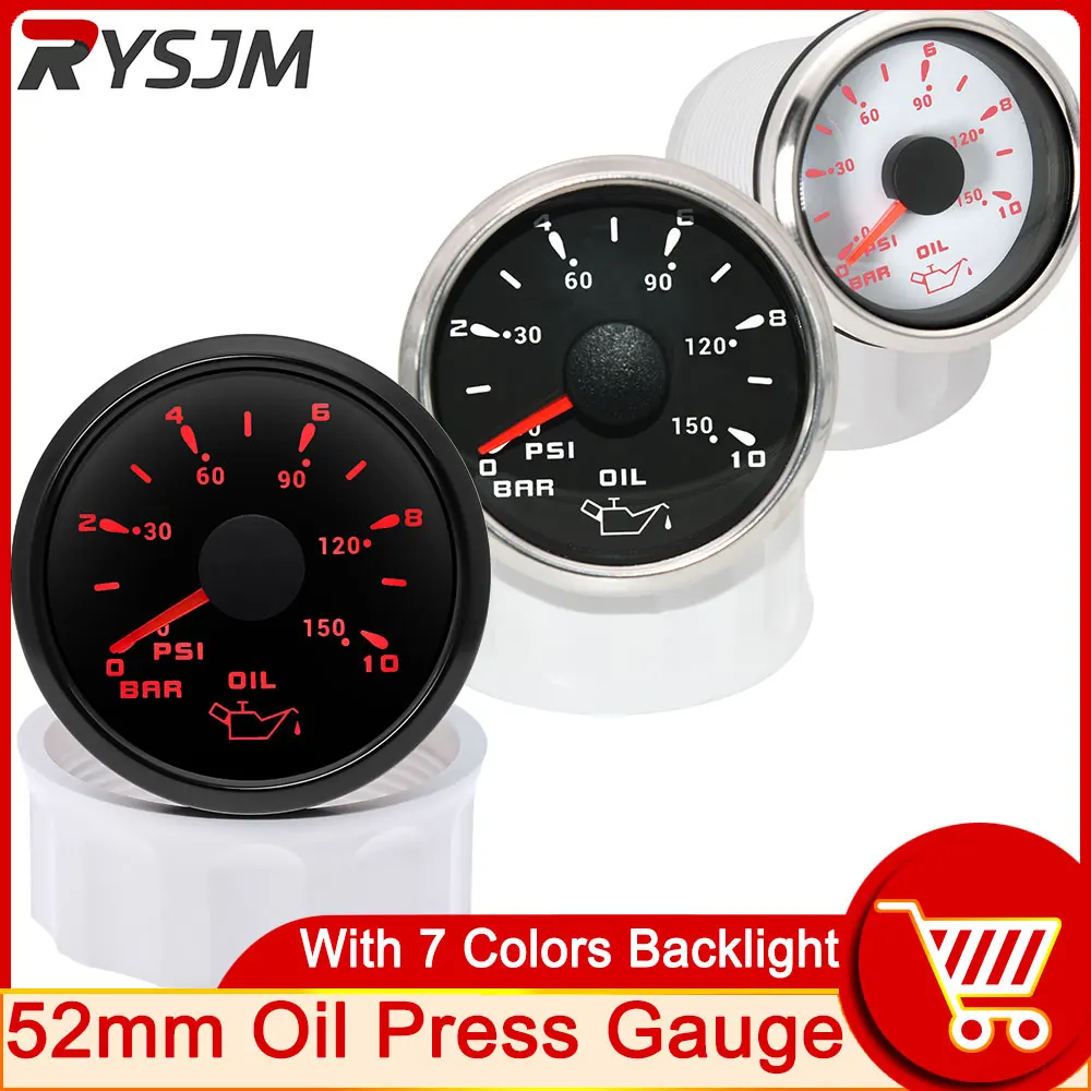 52mm Oil Pressure Gauge for Car Boat RV 0~10 Bar 0~150 PSI Oil Press Meter with 7 Colors Backlight Fuel Pressure Measurement