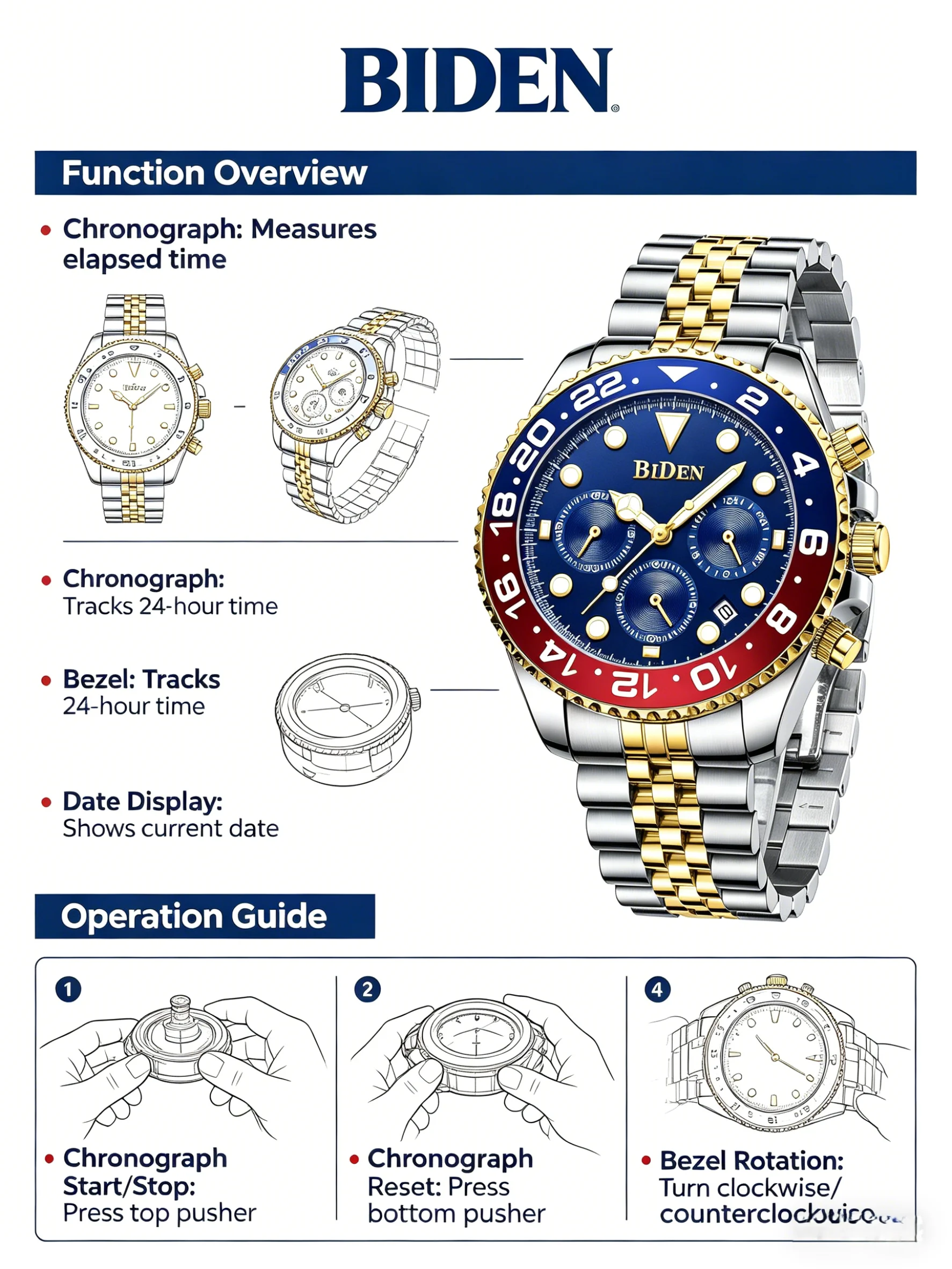 BIDEN Men\'s Watch Multi functional Quartz Watch Solid Steel Strap Six Pin Multi functional Waterproof Calendar Men\'s Clock