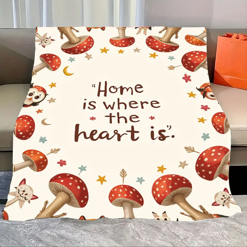 

1pc Flannel Blanket "Cozy Forest Mushroom Blanket with 'Home is Where the Heart Is' Quote"