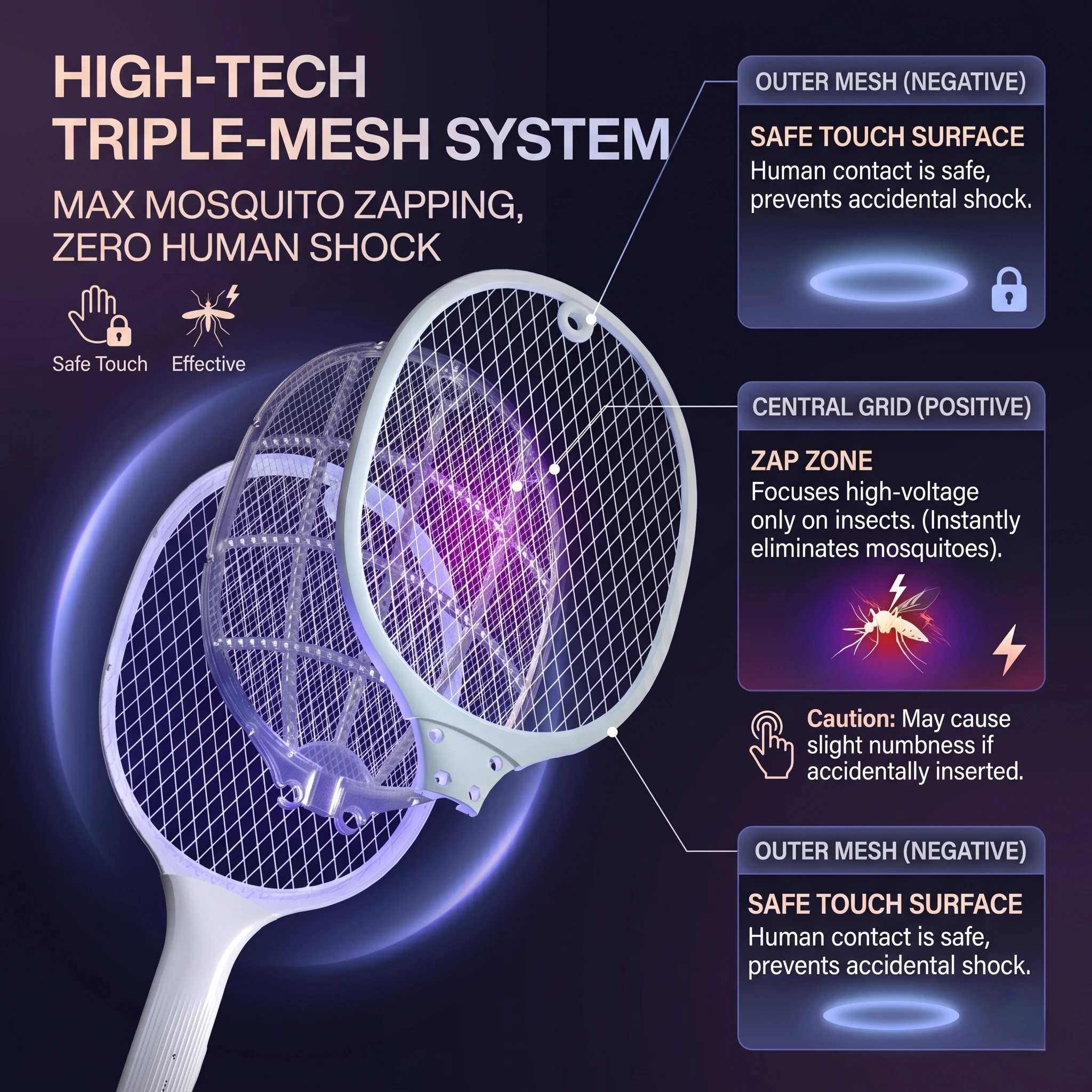 2in1 Electric Bug Zapper Racket USB Recharge Mosquito Killer Lamp UV Light 3-Layer Safe Mesh for Home Bedroom Indoor Use