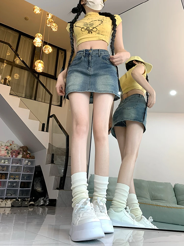 

Юбка-трапеция с высокой талией. Женская джинсовая юбка для похудения. Юбка Sle ort в американском стиле ретро. Предотвращает воздействия. Удобная посадка.