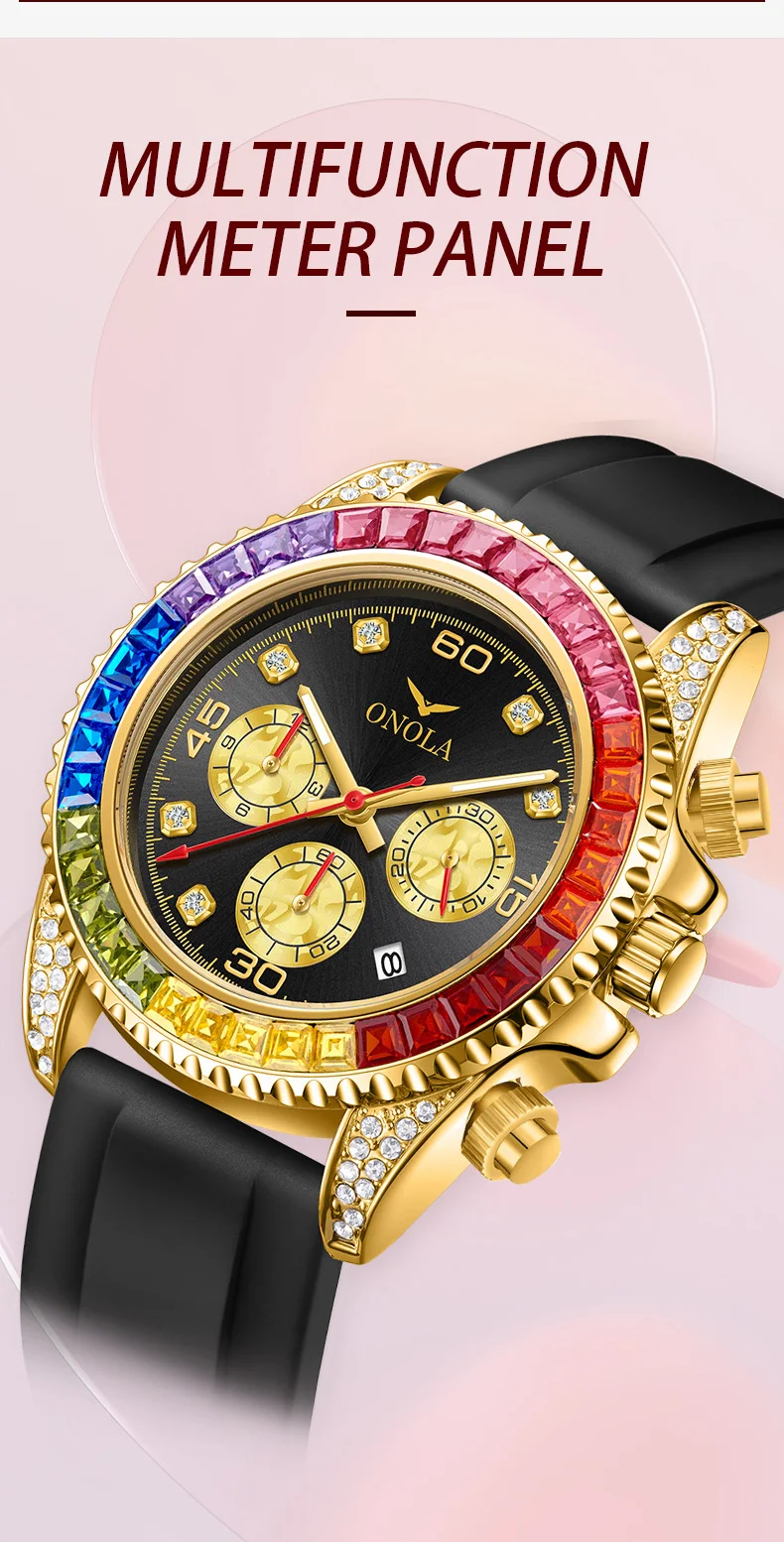 ONOLA Men's Quartz Watch, Multifunctional Dial, Colorful Square Rhinestone Bezel, Date Display, Ideal For Parties & Daily Outing