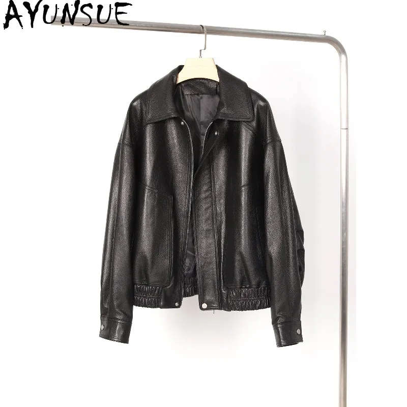 AYUNSUE Real Leather Jackets for Woman 2026 Autumn Retro Commute Outerwear Loose Black Jacket Woman Clothes Пальто Женское