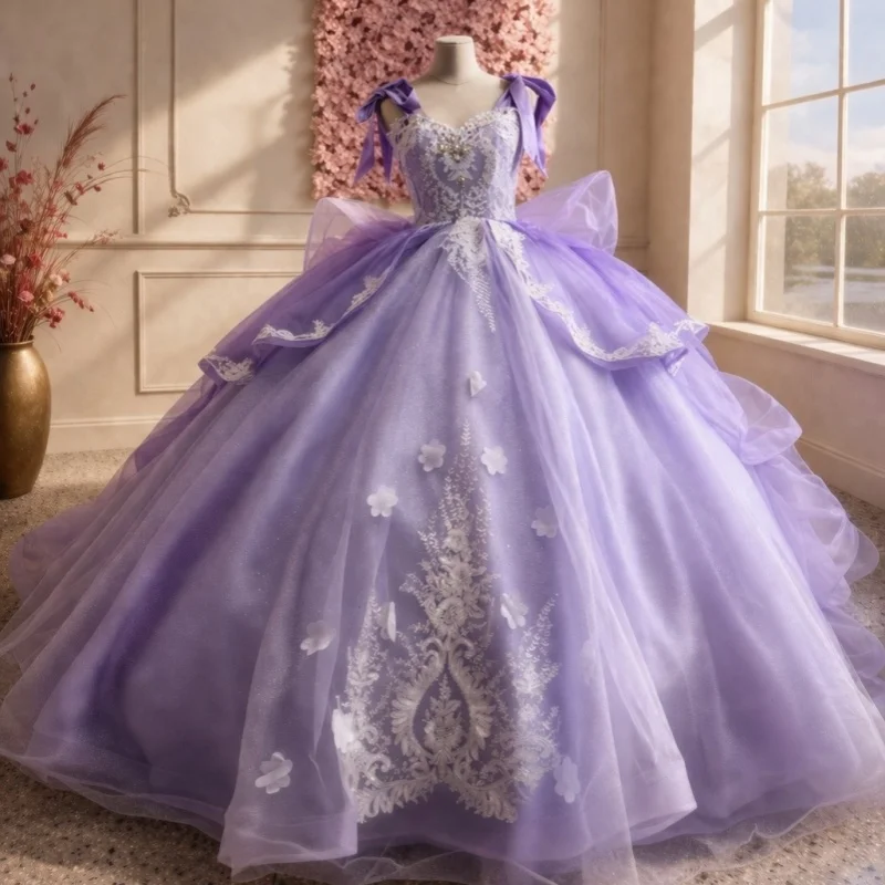 

Lavender Quinceanera Dresses Off the Shoulder Glitter Flower Crystal Decal Layering Long tail Vestidoe 15 Quinceanera Customize