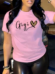 Gigi Letter Heart Print T-Shirt, Crew Neck Short Sleeve T-Shirt, Casual Every Day Tops, Women's Clothing
