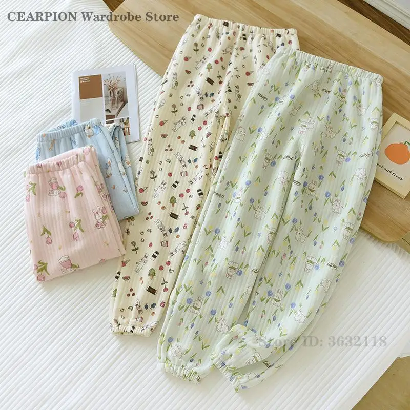 

Thickened Cotton Sleep Bottoms Women's Home Pants Autumn Winter Warmth Sleepwear Loose Casual Nightwear Printed Pajama Trousers
