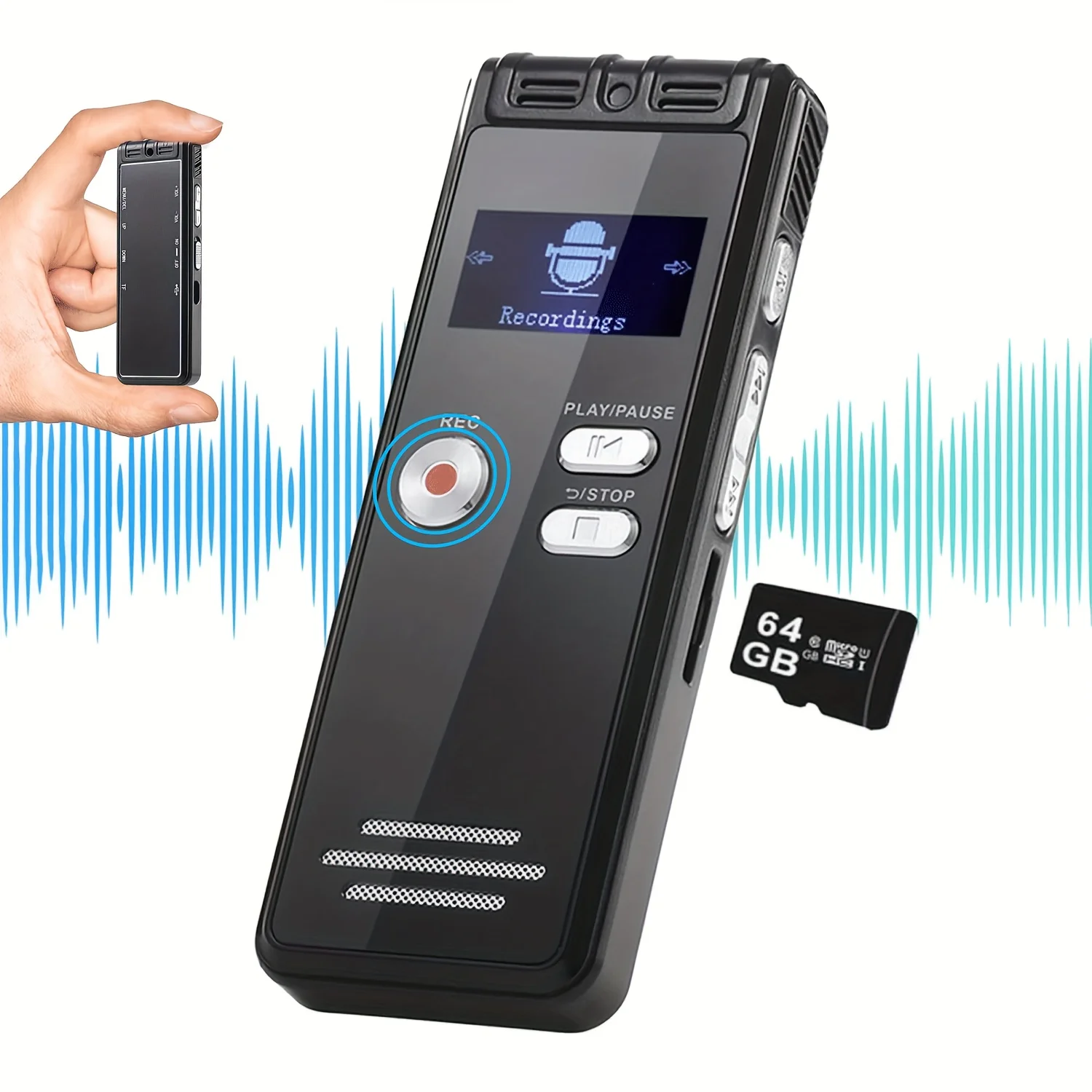 

64GB Voice Activated Recorder with Playback HD Dual Mic 4552 Hours Battery Life, A-B Repeat, MP3 Player, Password Protection