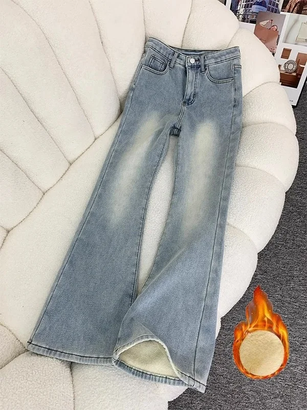

Light Blue Versatile Flared Jeans Women's Thiened Fce High Waist Slimming Non-matching Leggings Casual Sle Bootcut Pants