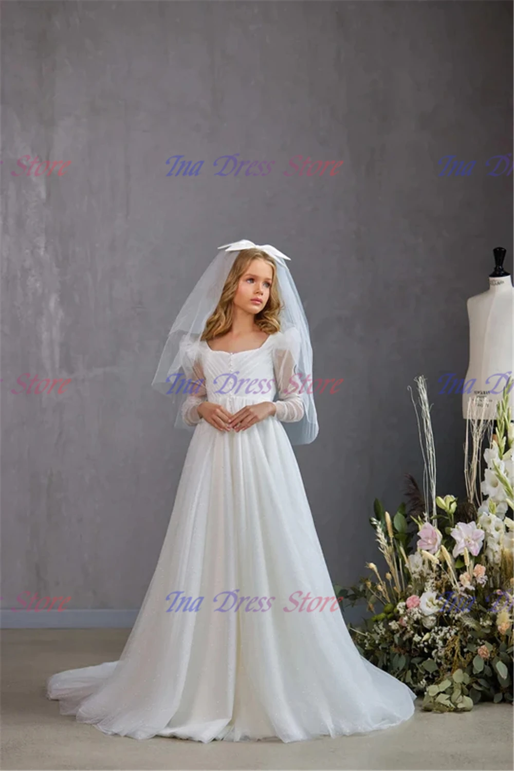 신성함 화이트 플라워 걸 드레스, 웨딩 얇은 명주 그물 긴팔, 반짝이는 어린이 생일 선물, 파티 첫 성찬식 무도회 가운