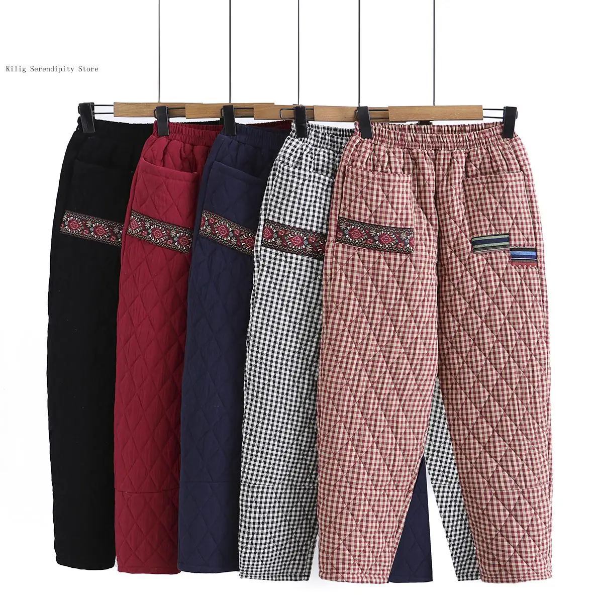 Winter Clothing for Middle-Aged and Elderly People Elastic High Waisted Warm Clip Cotton Thick Harem Pants for Women