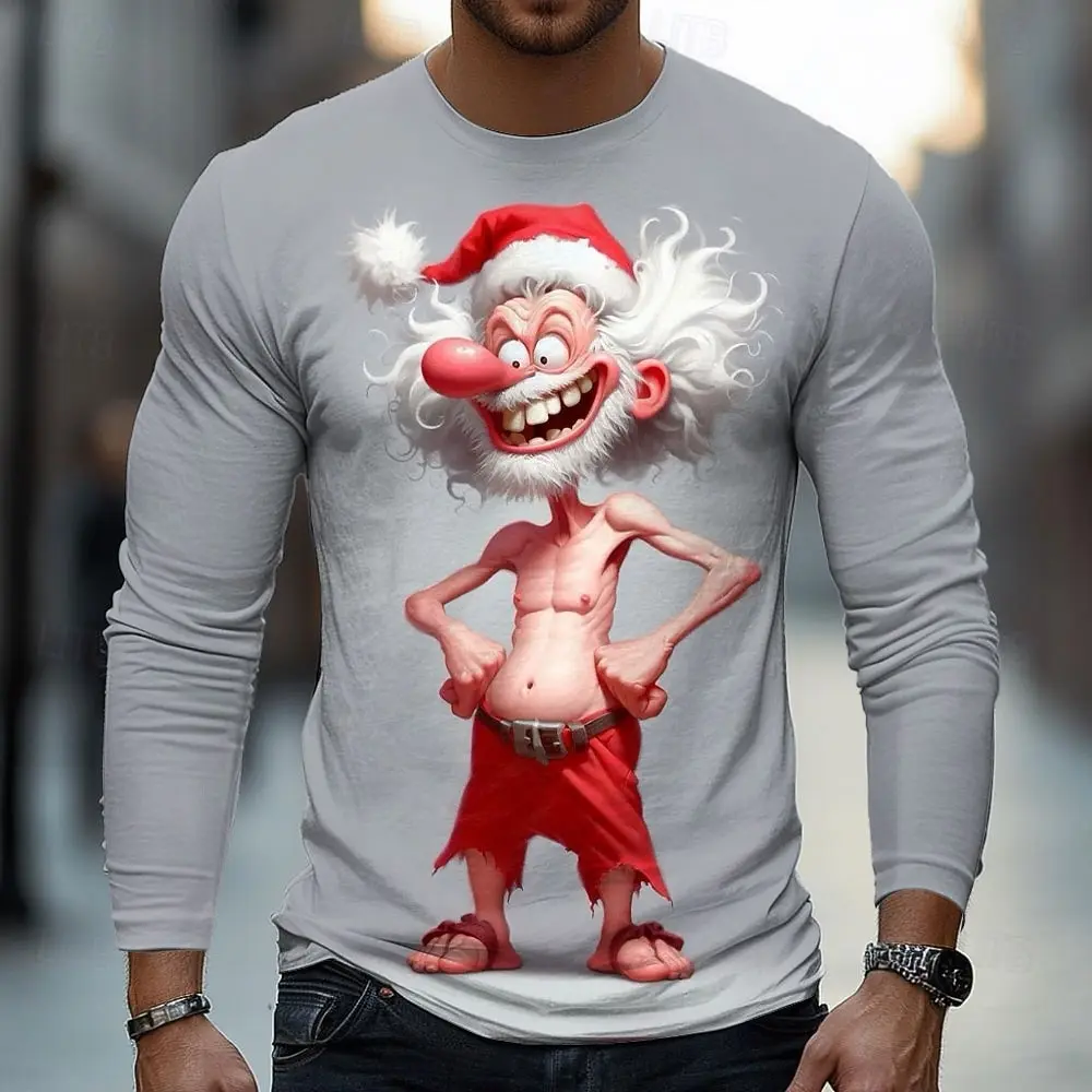 2025 Fall Winter Christmas Men's 3D Old Man Print Crew Neck Long Sleeve T-Shirts For Men Streetwear Casual Tops Funny Apparel