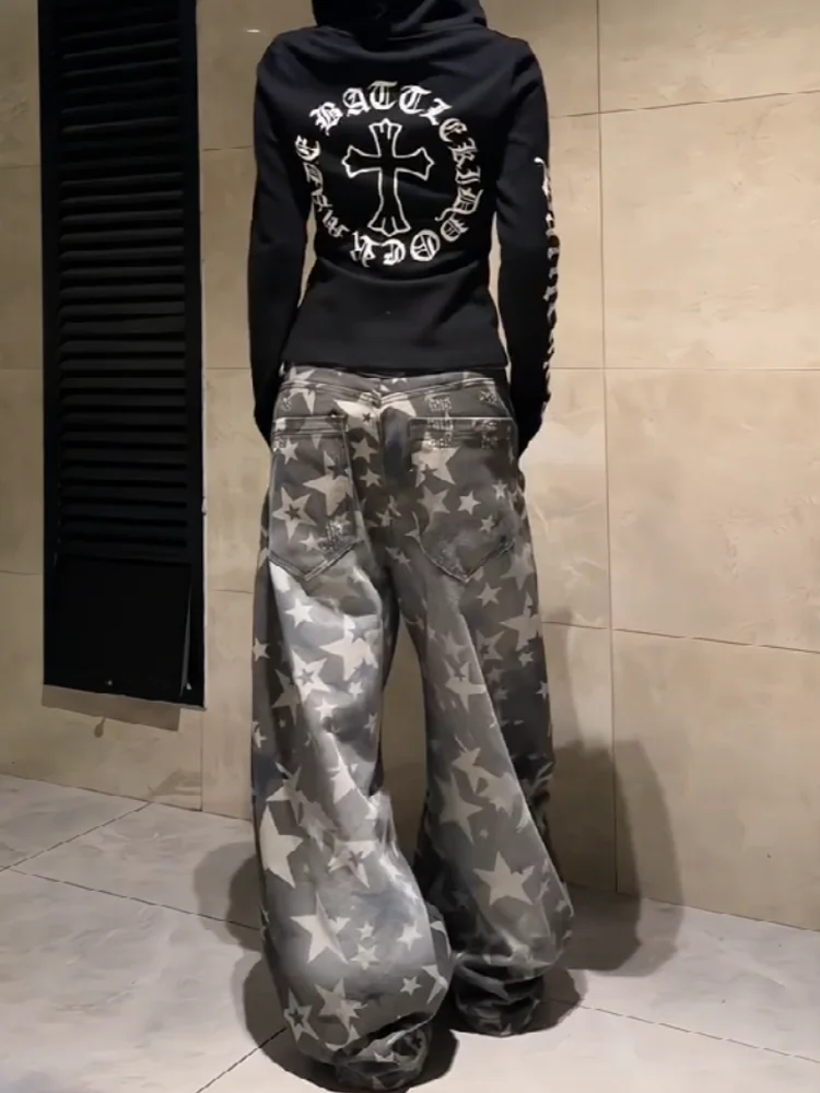 

Камуфляжные женские синие джинсы с высокой талией и принтом, модная уличная одежда, широкие джинсы, женские джинсовые брюки, прямые мешковатые джинсовые брюки