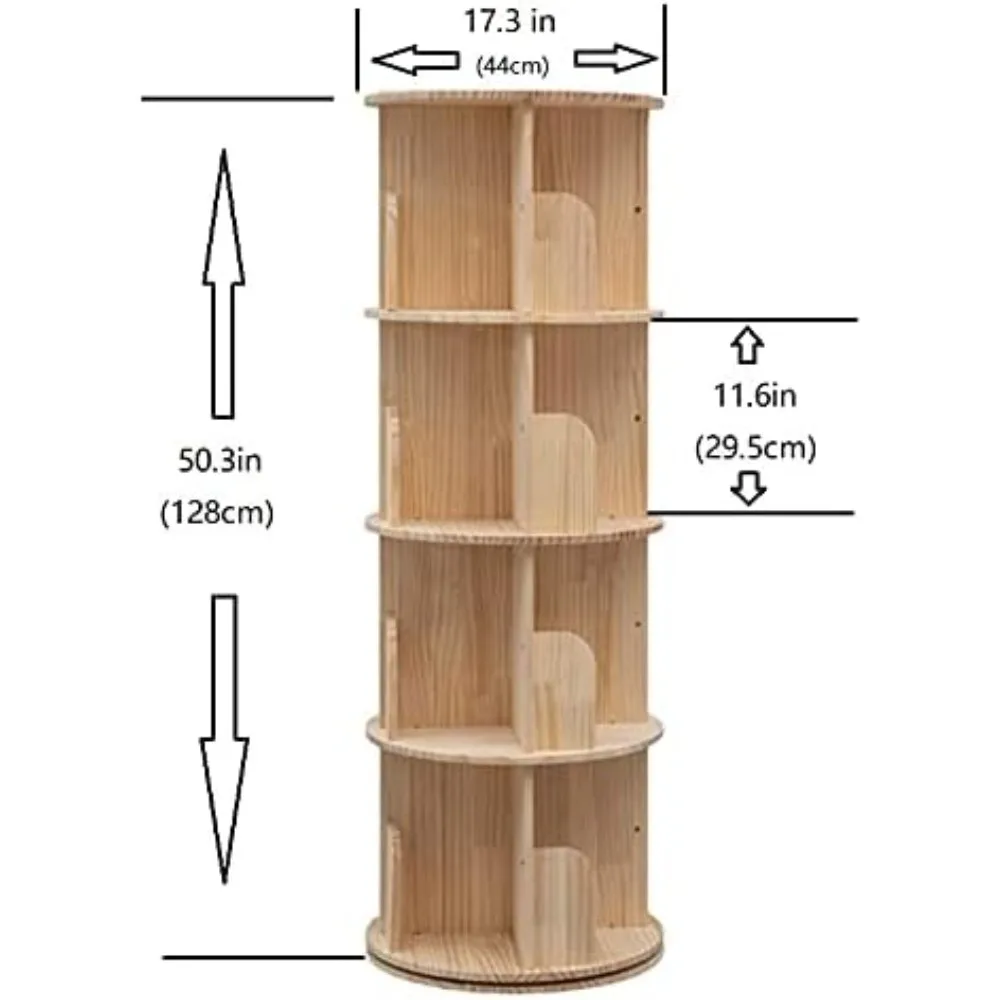 Rotating Bookshelf 360 Display 4 Tier Floor Standing Bookcase Storage Rack for Kids&Adults Solid Wood Bookshelf Organizer