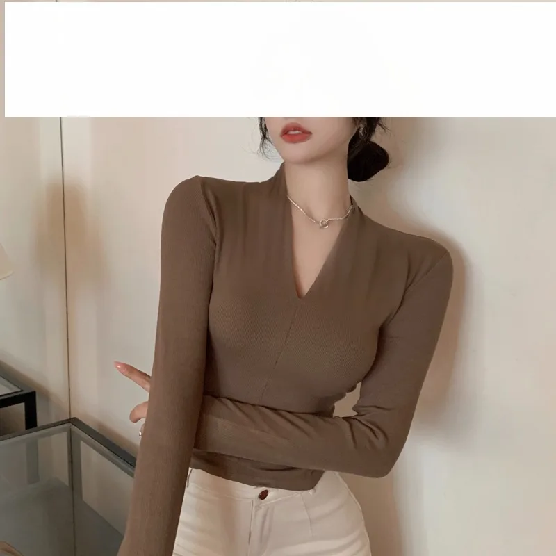 

Spring Autumn Pullover Women's Solid V-Neck Long Sleeve T-shirt Vacation Undershirt Fashion Casual Sexy Office Lady Tops