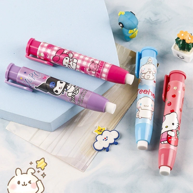 Nieuwe Sanrio Pers Gum 12/24Pcs Studenten Kawaii Briefpapier Schattige Automatische Gum Schoon Rubber Kinderen Verjaardagscadeau Groothandel